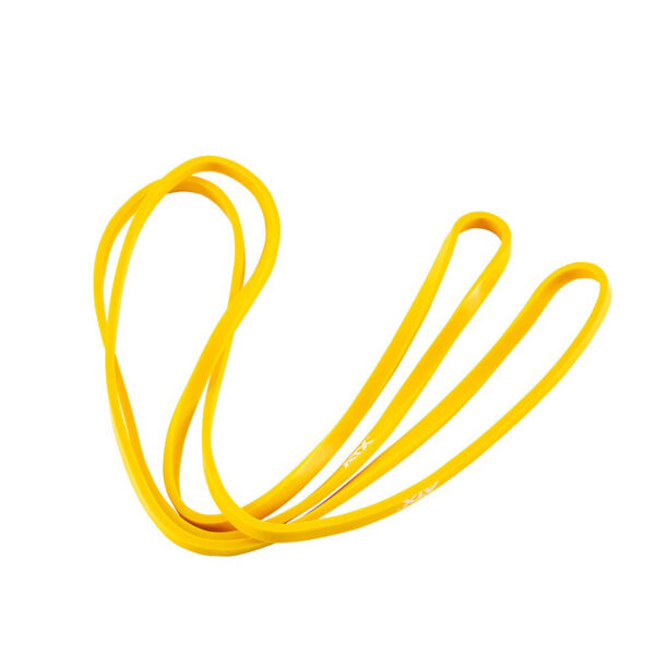 An ATX® Power Bands resistance band in yellow is coiled loosely against a white background.