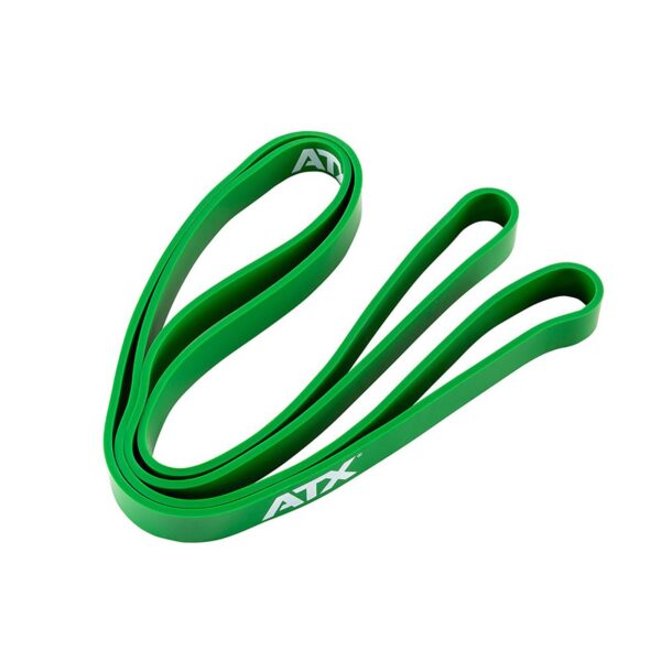A green ATX® Power Band, looped and flat, lies against a white background.