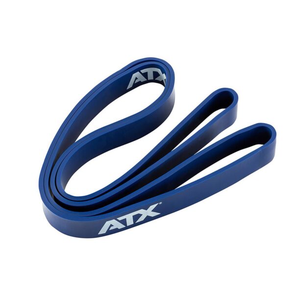 A blue ATX® Power Band coiled in a loop with ATX printed in white on its surface.