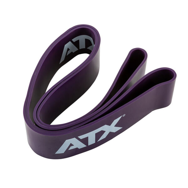A coiled purple ATX® Power Band with ATX printed in white.