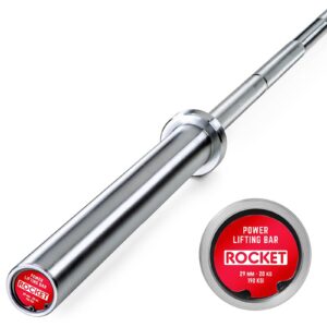 A shiny, smooth steel barbell features a close-up of the red end cap labeled ATX® Rocket Bright Zinc Power Bar, 29 mm, 20 kg, 190 KSI.