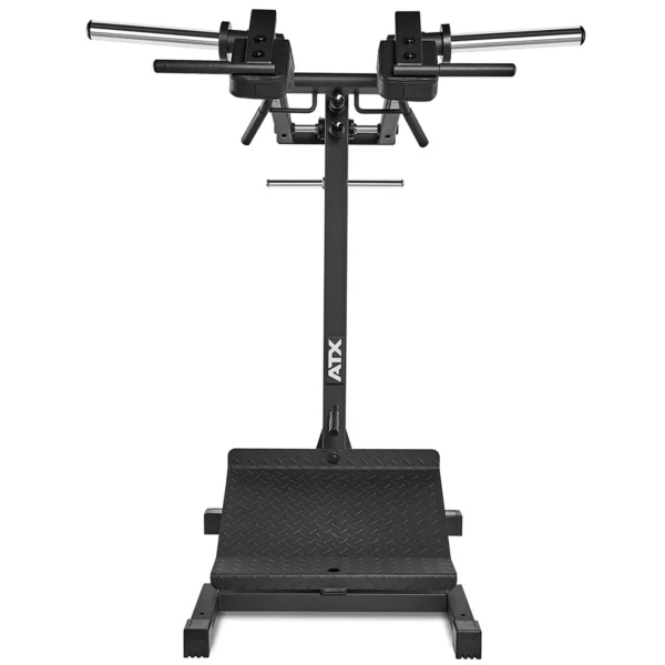 The gym features a versatile leg press machine with a sturdy metal frame, handles, and foot platform. Complementing the leverage squat machine, the brand ATX is proudly displayed on the front.