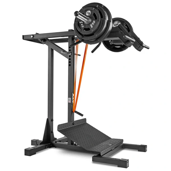 A leverage squat machine equipped with weighted plates and resistance bands. The structure is made of black metal with a textured foot platform, designed for fitness and strength training exercises.