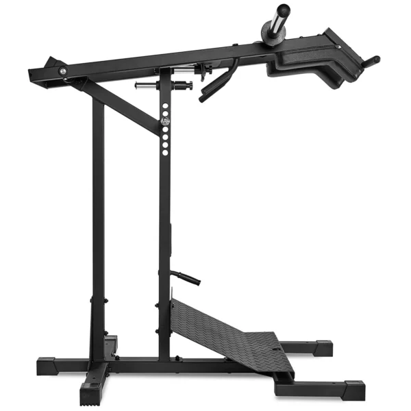 A black, metal hyperextension bench used for back exercises in a home gym setting. Complemented by features of a leverage squat machine, it offers padded support on top, adjustable height settings, and a non-slip diamond-patterned footplate on the base.