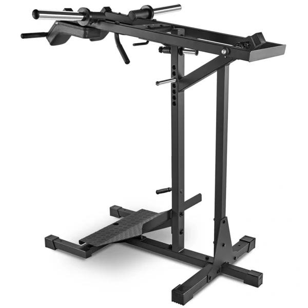 A black, sturdy reverse hyperextension machine on a white background resembles a leverage squat machine in its robust design. The equipment features a padded section and a platform for foot placement, ideal for targeting lower back and hamstring exercises.