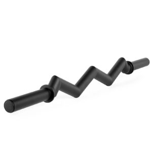 The FAT EZ Curl Bar, a black zigzag-shaped weightlifting bar, is perfect for strength training exercises and set against a white background.