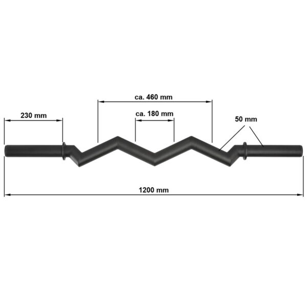 The FAT EZ Curl Bar features a zigzag design, measuring 1200 mm in length, with 230 mm grip ends and a 460 mm zigzag section divided into approximately 180 mm segments, all having a diameter of 50 mm.
