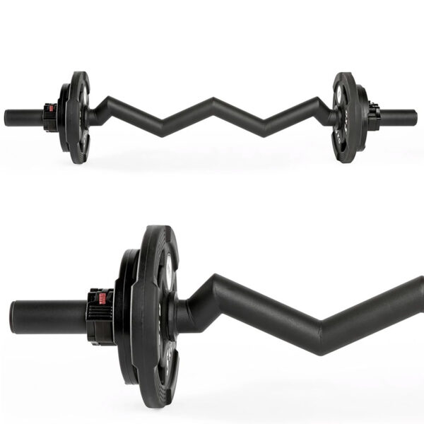 The FAT EZ Curl Bar is a black zigzag barbell with weight plates on each end, designed for strength training exercises, featuring a unique angular shape for ergonomic grip options.