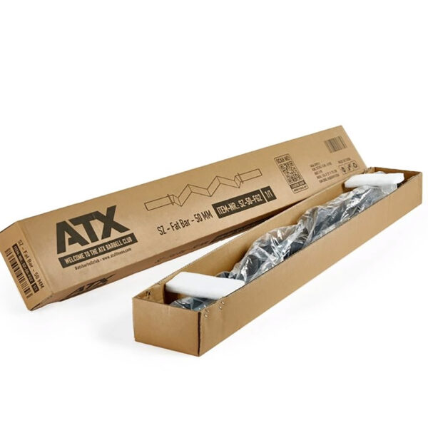 An open cardboard box labeled ATX reveals a wrapped FAT EZ Curl Bar inside, secured with foam padding. The box has printed product and shipping details.
