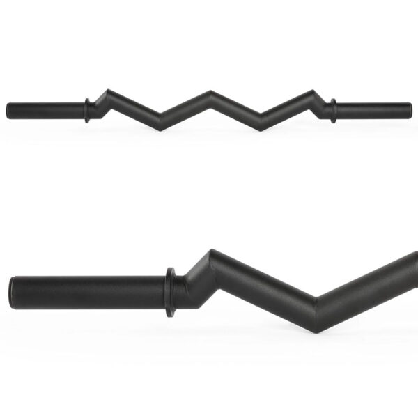 A FAT EZ Curl Bar, with a zigzag shape and black finish, showcases its unique angled design from side and top views. The bar features smooth handles at each end, highlighting its construction and aesthetic appeal.