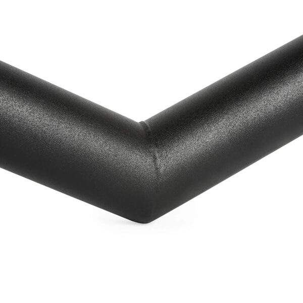 Close-up of the FAT EZ Curl Bar, featuring a black textured metal pipe bent at a 90-degree angle on a white background, showcasing its matte finish and smooth welding joint.