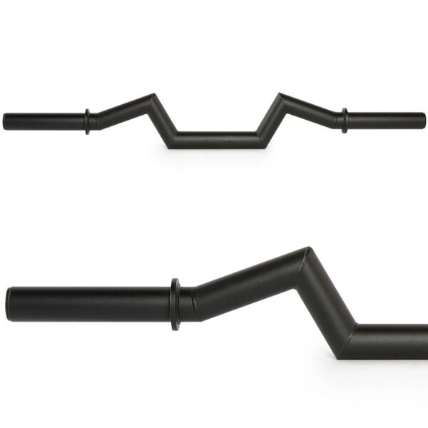 The FAT Super Curl Bar in black, displayed from two angles against a white background, features multiple angled bends for an ergonomic grip during workouts.