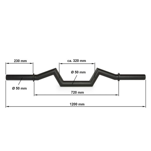 Diagram of the FAT Super Curl Bar in a black zigzag shape, with a total length of 1200 mm. The central section is 320 mm with a 50 mm diameter, and two sections flanking it are each 230 mm long with a 50 mm diameter, totaling to 720 mm central length.