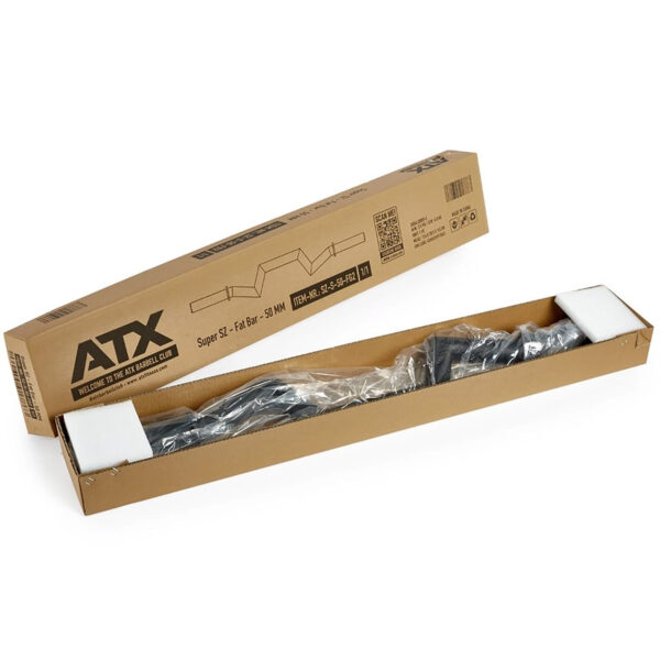 A brown cardboard box labeled ATX containing the FAT Super Curl Bar, a piece of fitness equipment, is partially wrapped in plastic and open. Foam protectors are placed on each end for packaging.