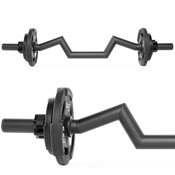 The FAT Super Curl Bar with black weight plates features a unique zigzag shape for ergonomic grip, ideal for bicep curls and tricep extensions.