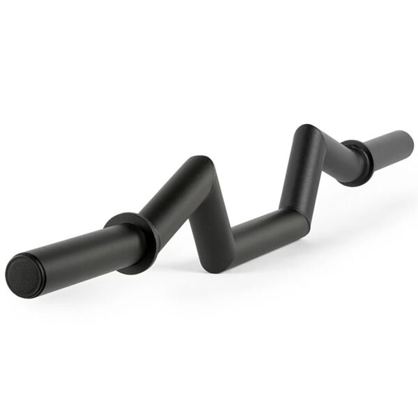 The FAT Super Curl Bar is a black zigzag-shaped bar with cylindrical grips at both ends, perfect for weightlifting exercises such as bicep curls or tricep extensions.