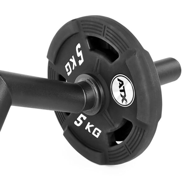 A close-up of a black FAT Super Curl Bar with a 5 kg ATX weight plate featuring the brand name in white, three grip holes for easy handling, and mounted on the bar.