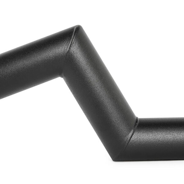 Close-up of the FAT Super Curl Bars black, angular armrest with a zig-zag design on a white background, showcasing its sleek, modern appearance with smooth curves and a textured surface.