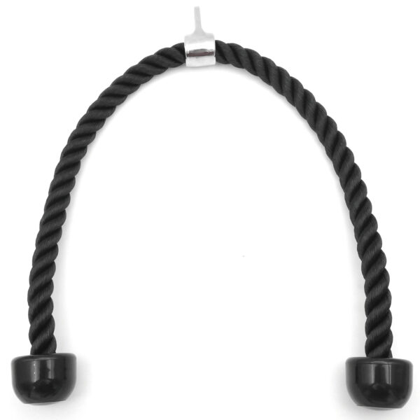 The Power Maxx Tricep Rope XL, featuring two rubber ends and a metal hook in the center, is displayed against a white background for gym exercises.