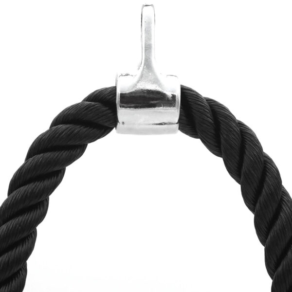 Close-up of the Power Maxx Tricep Rope XL, featuring a black twisted cable with a shiny silver cap, set against a plain white background.