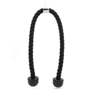 The Power Maxx Tricep Rope XL, a black gym rope cable attachment with rubber ends, is suspended against a plain white background.