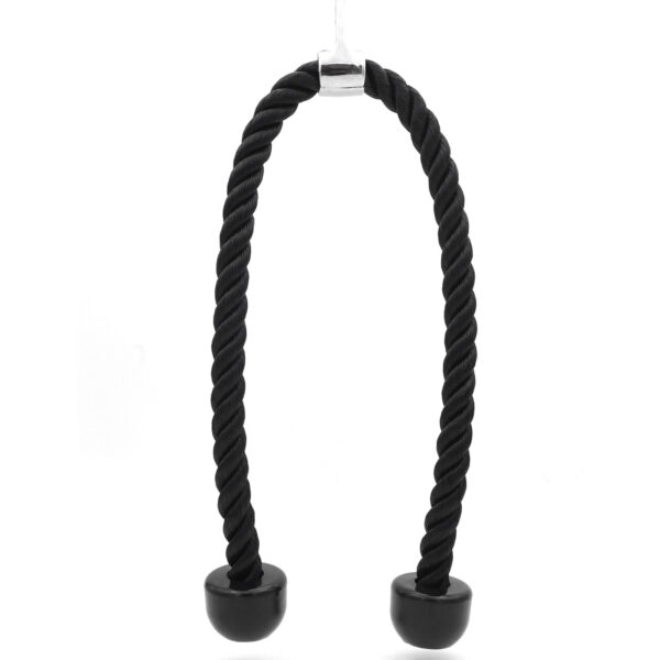 The Power Maxx Tricep Rope XL, a black gym rope cable attachment with rubber ends, is suspended against a plain white background.