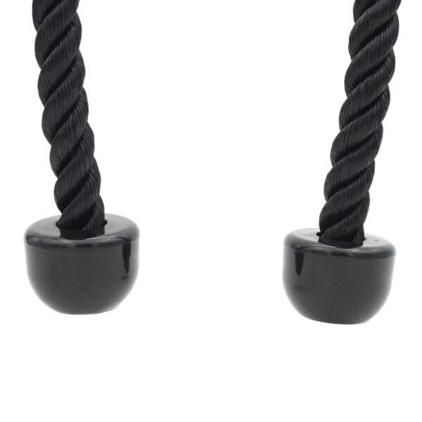 Close-up of two Power Maxx Tricep Rope XL in black with round caps, commonly used for gym equipment. They are side by side on a plain white background.
