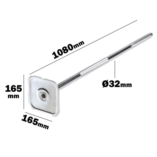 The Ironmaster Quick Lock Mace Handle, silver-colored with a square base at the bottom left (165mm x 165mm), has a rod diameter of 32mm and a length of 1080mm, appearing as a structural component.