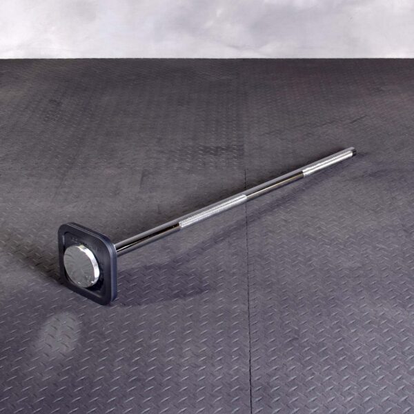 The Ironmaster Quick Lock Mace Handle, featuring a round, black rubber grip at one end and a flat reflective opposite end, rests on a textured gray surface against a minimalist background.