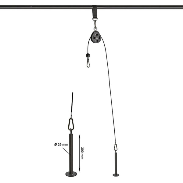 The ceiling-mounted Cable Pulley System (High) includes two weighted ropes, a pulley, and a cable clip. One weight is 29 mm in diameter and 300 mm tall, highlighting the dynamic positioning possible with this efficient design.