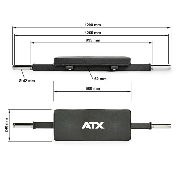 Diagram of a 1290mm ATX® weightlifting bar showing an optional Hip Thruster Attachment. Sections: 60mm center, 600mm frame, and 995mm between supports; diameter is 42mm. A padded area featuring the ATX logo is at the center.