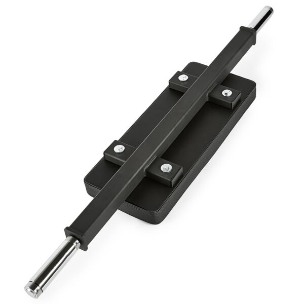 The ATX® Hip Thruster Attachment is a black adjustable weightlifting bar with silver cylindrical ends and a padded central support. It has a rectangular flat black cushion for neck or shoulder support, enhancing exercise versatility in your workout routine.
