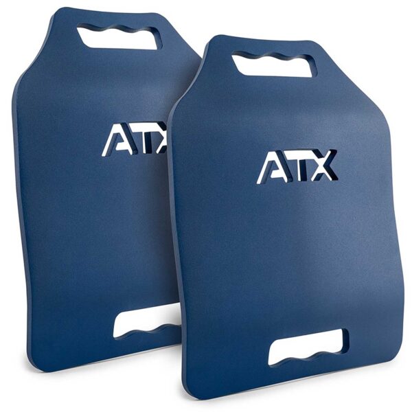 Two ATX® Tactical Weight Vests in blue with cut-out handles, designed for exercise and stability training. The white ATX logo is printed on them, and they are displayed standing upright against a white background.