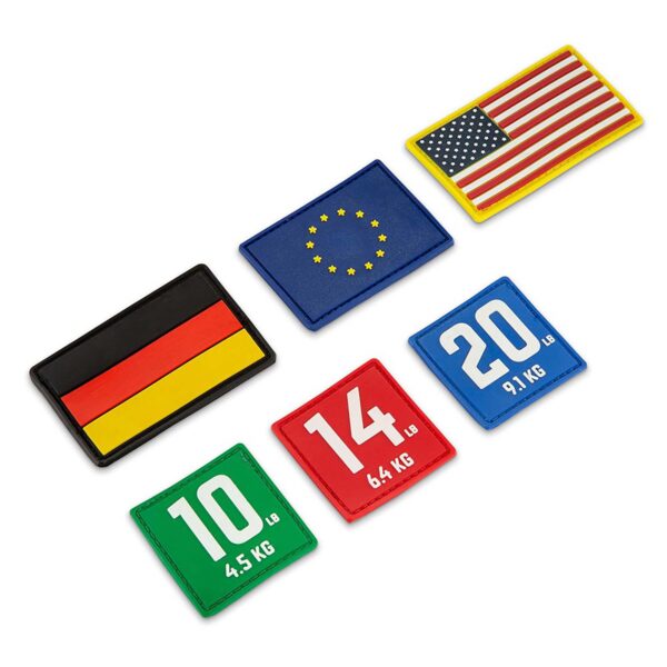 Image of five rectangular patches arranged in two rows. The top row displays the flags of Germany, the European Union, and the USA. The bottom row features weight options for the ATX® Tactical Weight Vest: 10 lb (4.5 kg), 14 lb (6.4 kg), and 20 lb (9.1 kg).