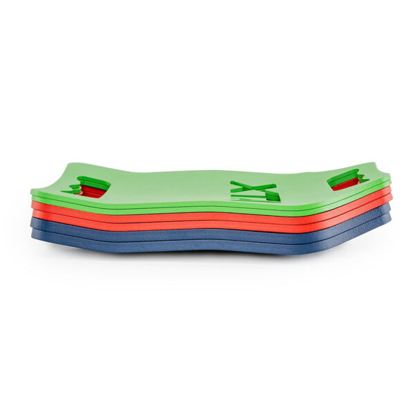 A stack of ATX® Tactical Weight Vests featuring green, red, and blue layers with cut-out hand grips and patterns, placed on a white background.