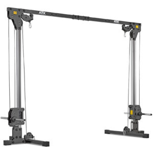 The ATX® Cable Crossover 500 198cm is a black strength training machine with adjustable pulleys and handles, featuring a robust frame and multiple settings for diverse exercises.