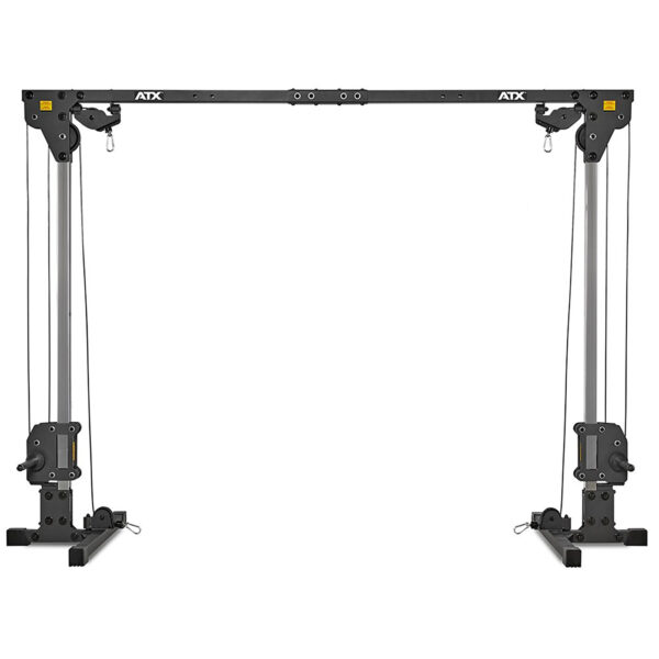 The ATX® Cable Crossover 500 198cm is a robust machine with dual weight stacks, pulleys, adjustable cables, and attachments for versatile resistance exercises, ideal for strength training and fitness routines in gyms.