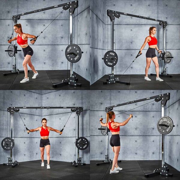 A woman wearing a red top and black shorts uses the ATX® Cable Crossover 500 198cm for chest flys, bicep curls, and shoulder presses in a modern gym featuring gray walls and black flooring.