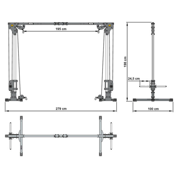 Diagram of the ATX® Cable Crossover 500 198cm multi-exercise machine, showcasing front and side views. Dimensions: 279 cm width, 198 cm height, and 100 cm depth. Includes marked measurements, cables, and adjustable components.