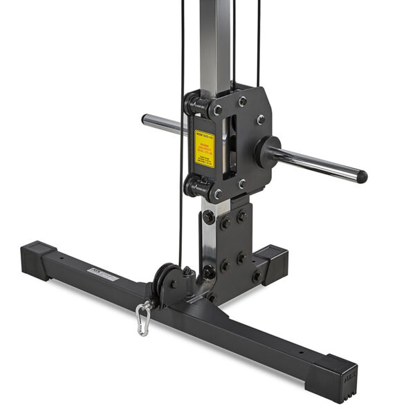 Heres a close-up of the ATX® Cable Crossover 500 198cm, featuring a black pulley system for strength training. It has a vertical post with adjustable weights, two horizontal handles, and a sturdy base for stability.