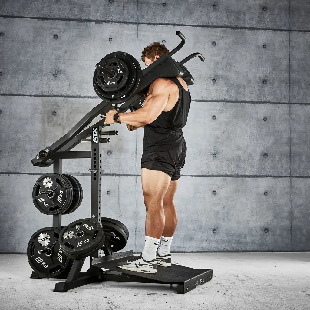 In the gym, a person in a black tank top and shorts uses a calf raise machine next to an ATX® Lever Arm Squat Pro - Viking Press. Weights are stacked on both machines, with extra weights resting on storage racks against the concrete wall background.