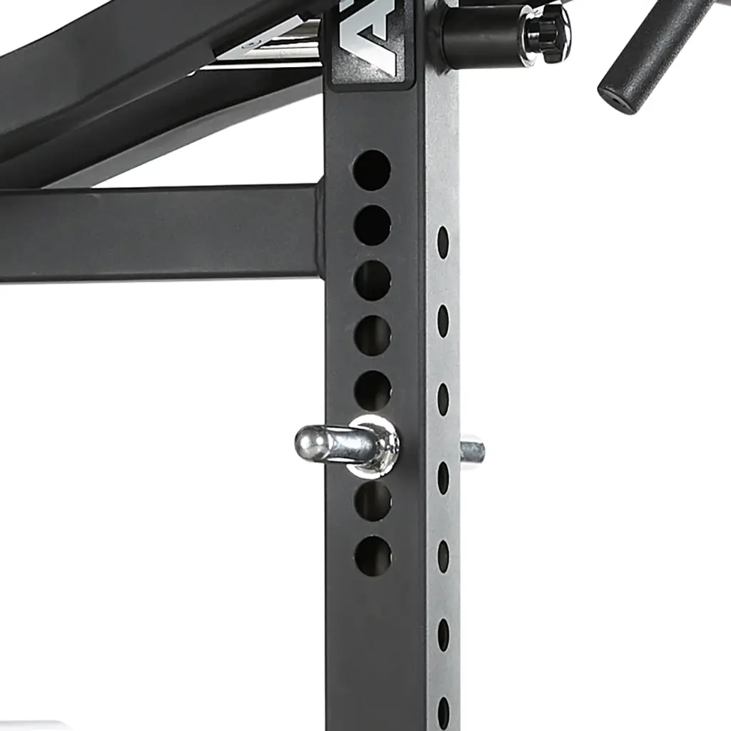 Close-up of the ATX® Lever Arm Squat Pro - Viking Press, displaying its black metal frame with adjustable holes and a pin for height adjustment. The brand logo is prominently featured at the top.