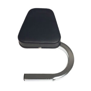 The Ironmaster Incline Seat Spare features a modern, sleek design with a black cushioned armrest and shiny, curved metallic base, perfect for a professional salon setting.