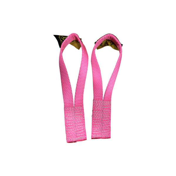 A pair of bright pink lifting straps used for weightlifting, featuring black and gold tags at the top. The straps are made of durable fabric and loop for secure grip during exercises. The background is plain white.