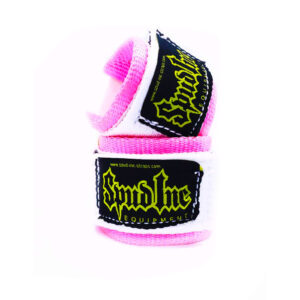 Close-up of a pink and white Spud Velcro Wrist Wrap with a black label reading Spud Inc Equipment in bright yellow, rolled up against a plain white background.