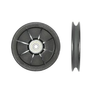 Two views of the Cable Pulley 115mm 10mmID feature a black plastic wheel with a central metal bearing. The first view displays spoke-like structures on the front, while the second view highlights its side profile, showing thickness and groove.