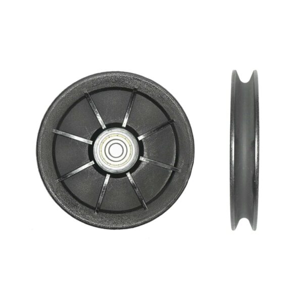 Two views of the Cable Pulley 115mm 10mmID feature a black plastic wheel with a central metal bearing. The first view displays spoke-like structures on the front, while the second view highlights its side profile, showing thickness and groove.