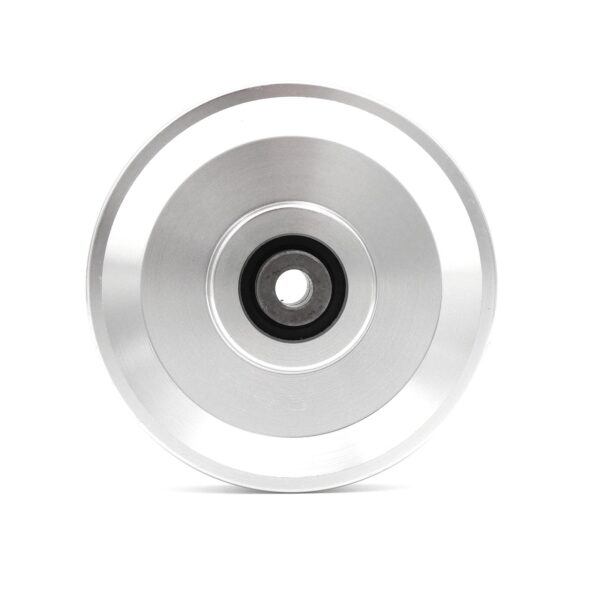The 115mm Aluminium Pulley 10mmID features a metallic design with a central black hub, displayed against a white background. It boasts a smooth, polished surface with a slightly elevated outer rim.