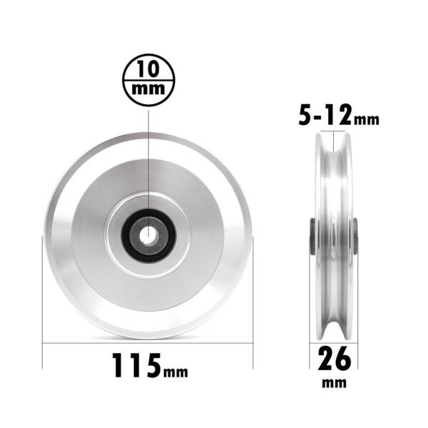 The 115mm Aluminium Pulley 10mmID is displayed from both the front and side. It features a silver finish with a diameter of 115mm, a thickness of 26mm, and a central hole measuring 10mm, accommodating axles ranging from 5-12mm.