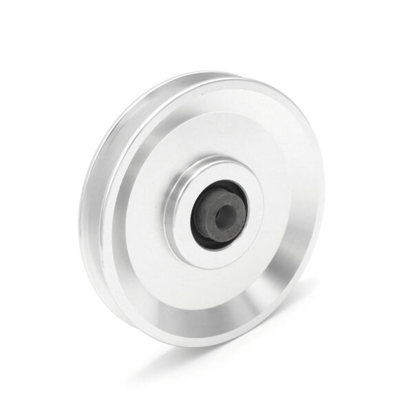 A 115mm Aluminium Pulley with a 10mm ID, featuring a silver metal exterior and a black center bearing on a white background. The design is smooth and circular with two distinct grooves.